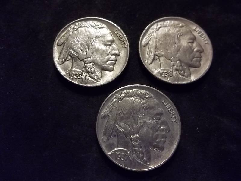 1935, 1936 D, 1937 Buffalo Nickel  Unc- MS