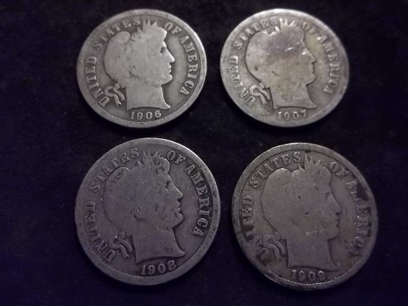 1906, 1907 D, 1908 D, 1909 Barber Dimes