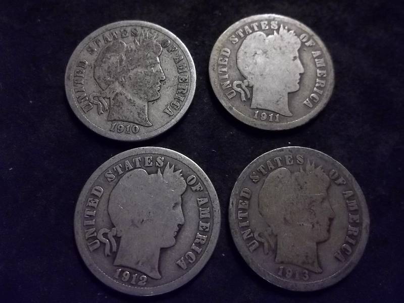 1910 , 1911, 1912 , 1913 Barber Dimes