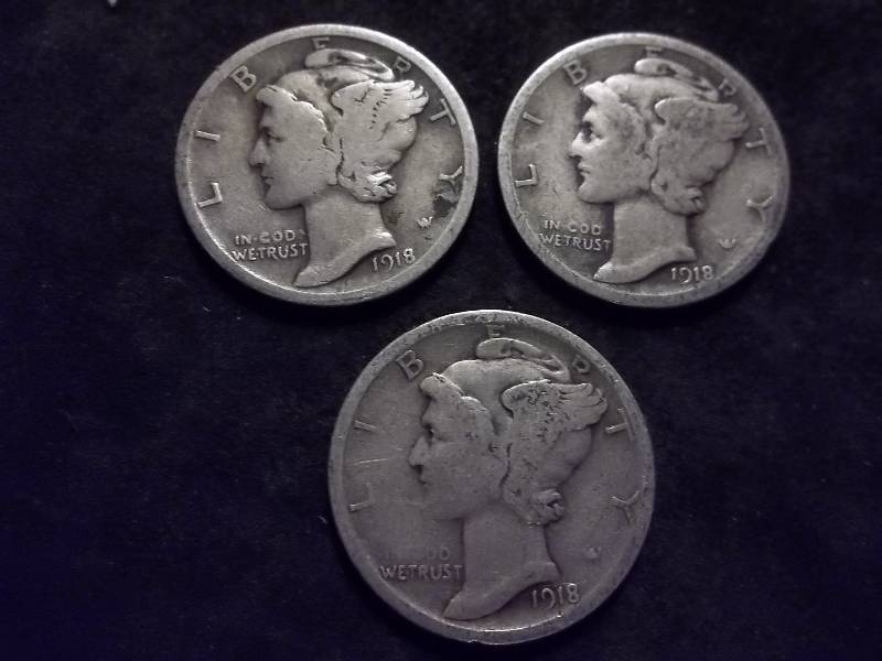 1918, 1918 S, 1918 D Mercury Dimes