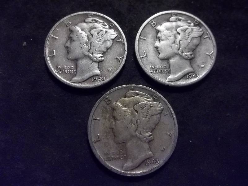 1943, 1943 D, 1943 S Mercury Dimes