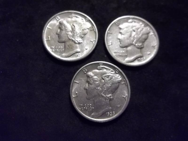 1937 D, 1938 S, 1939 S Mercury Dimes All MS