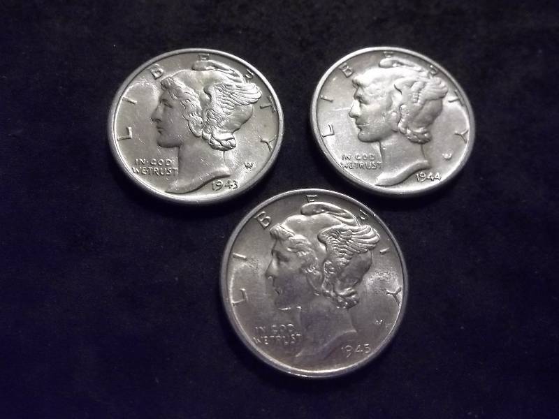 1943, 1944, 1945 Mercury Dimes All MS