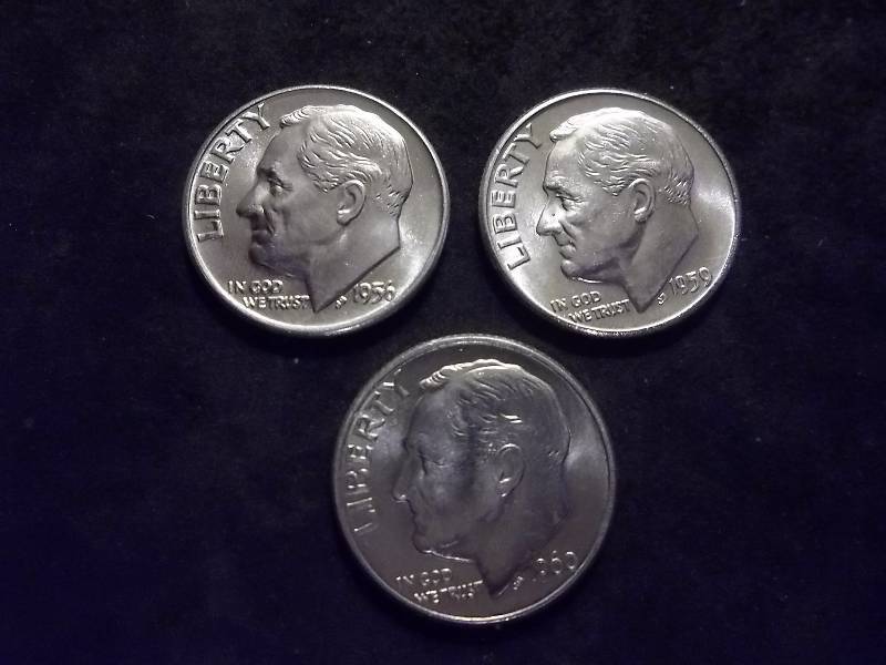 1956 D, 1959, 1960 D Roosevelt Dimes All MS