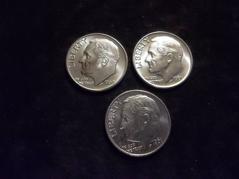1960, 1961, 1961 D Roosevelt Dimes All MS