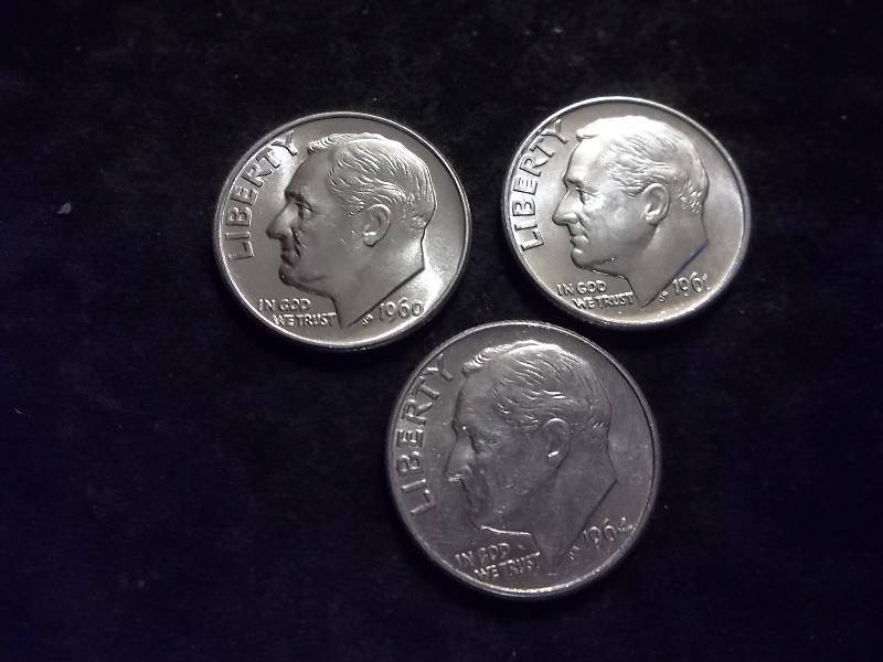 1960, 1961 D, 1964 D Roosevelt Dimes All MS