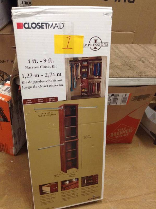 lot 1 image: Closetmaid 4 ft - 9 ft narrow closet kit never used