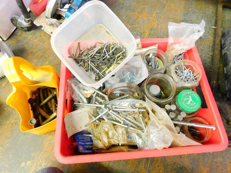 MISC GARAGE ITEMS, SCREWS, NUTS AND BOLTS AND MISC.