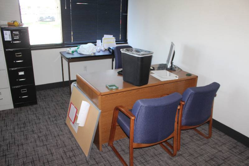 Desk, 4-Shelf Wood Bookcase, 2-Office Chairs, 1-Rolling Office Chair, Office Table
