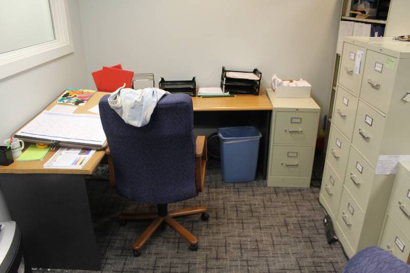 Corner Office Desk, Padded Rolling Office Chair, Hon 2-Drawer Metal File Cabinet