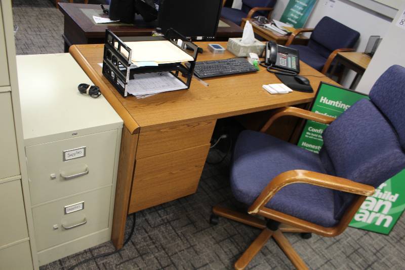 Wood Office Desk, Blue Padded Rolling Office Chair, Hon 2- Drawer Metal File Cabinet