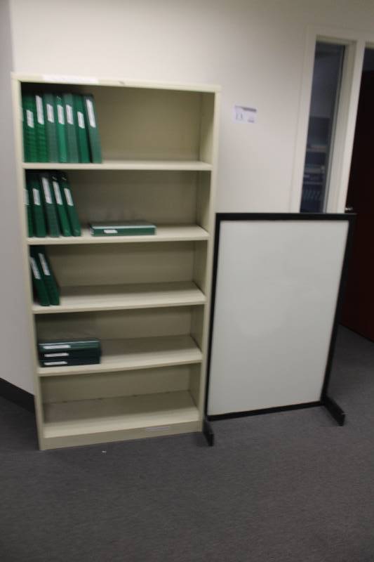 Lot of (2) Hon 5-Shelf Metal Cabinets & White Board