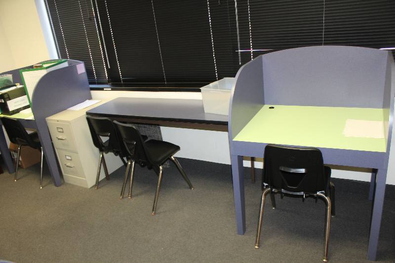 Lot of (10) Office Furniture Includes 1) Office Tables AND 4) Personal Cubicles AND 4) Chairs AND 1) Hon 2-Drawer Metal File Cabinet