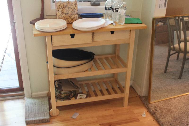 lot 30 image: Rolling Wood Kitchen Island Table w 2-Drawers, 2-Lower Shelves 40x17x36in.