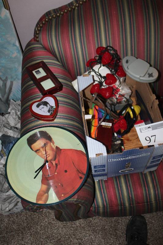 lot 97 image: Elvis Clock, Heart Tin, Frame Box, Misc