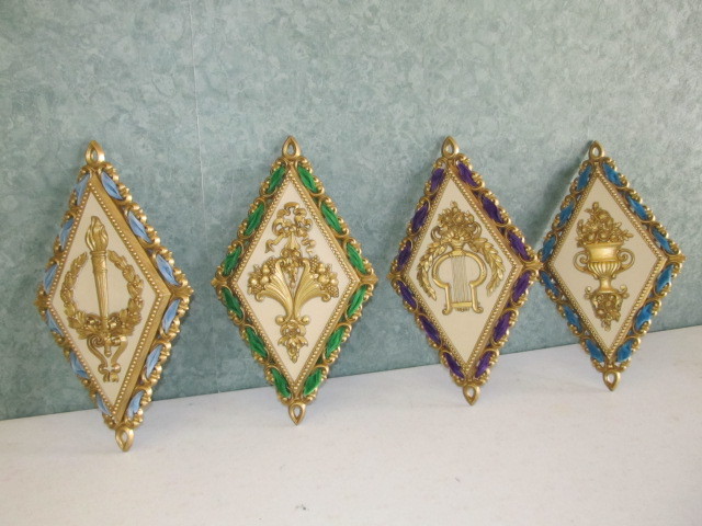 4 Vintage Homco Diamond Shaped Wall Hangings