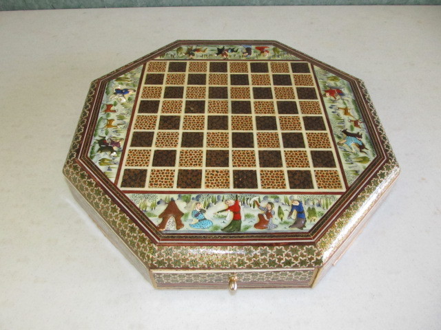 Vintage Inlaid Enameled Chess Board wDrawer