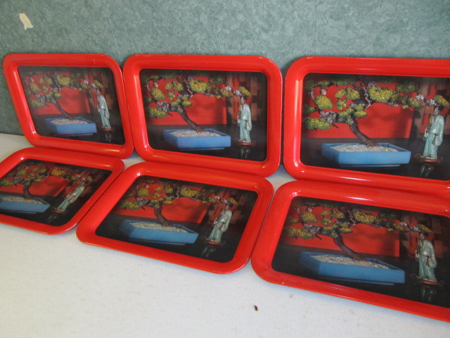 Set of 6 Vintage Oriental Metal Serving Trays