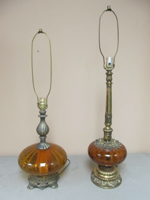 2 Vintage Amber Glass &amp Brass Table Lamps