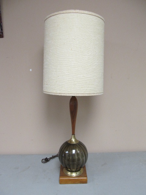 Tall Mid Century Glass Globe Teak Table Lamp