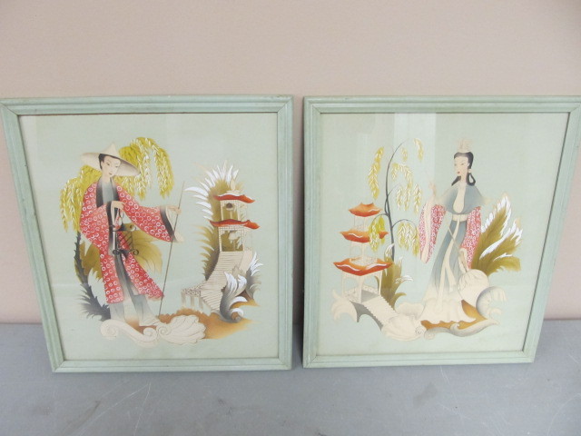 Pair of Vintage Framed Oriental WatercolorInk Artworks