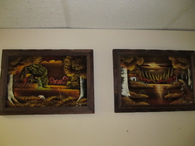 Pair of Vintage Velvet Farm Scene Paintings