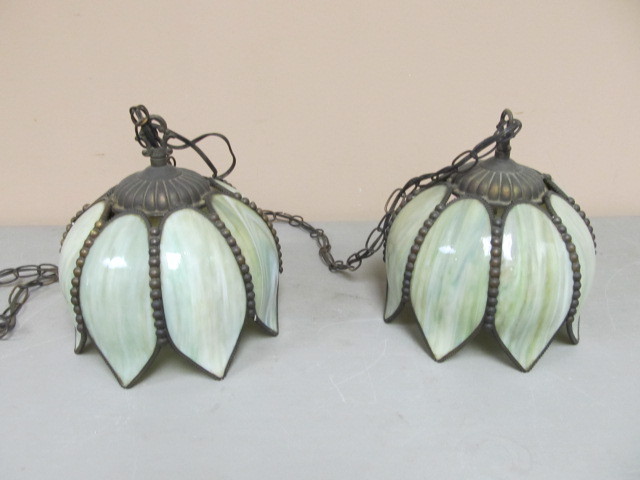 Vintage Slag Glass Dual Pendant Hanging Lamp (1 shade AS IS)