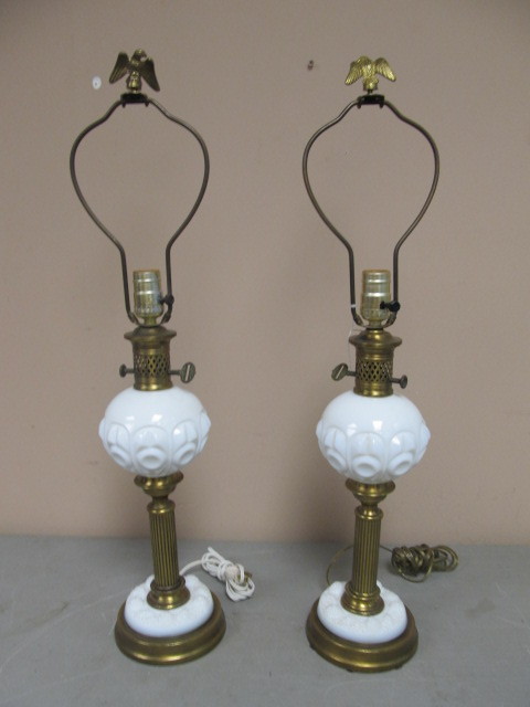 Pair of Vintage Brass &amp Milk Glass Table Lamps