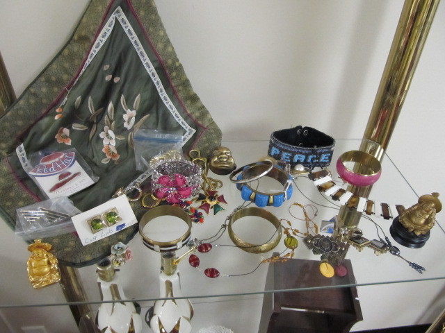Shelf of Vintage etc Costume Jewelry Buddha Statues etc