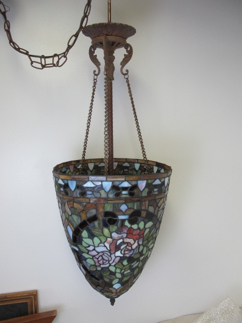 lot 8 image: Vintage LOEVSKY & LOEVSKY Stained Glass Tiffany Style Acorn Hanging Lamp