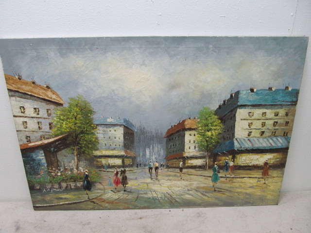lot 102 image: Signed Vintage Parisian Street Scene Oil on Canvas