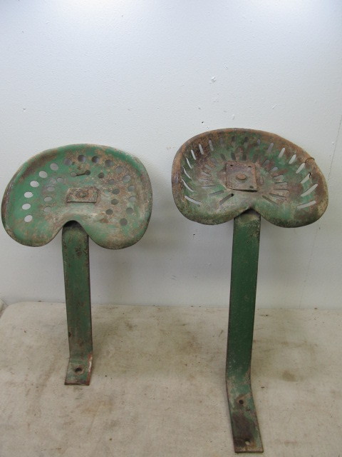lot 132 image: 2 Antique Green Tractor Seats wStands