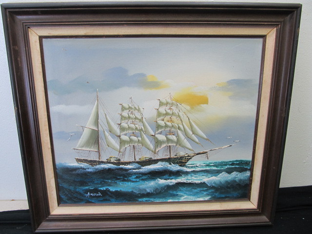 lot 152 image: Vintage Signed Oil on Canvas Ship Painting