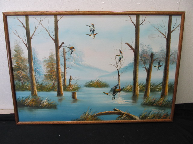 lot 153 image: Framed Signed Ducks in Flight Oil on Canvas
