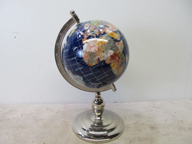 lot 168 image: Inlaid Stone World Globe wChrome Stand