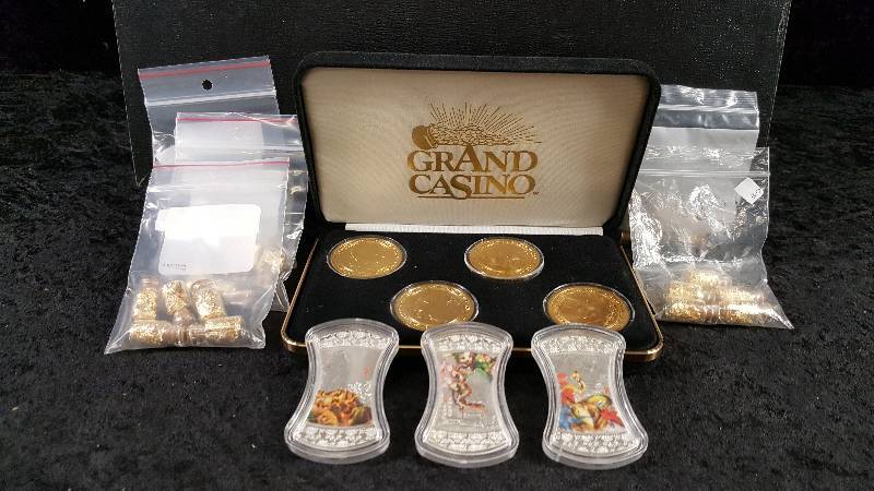 Lot - Misc Items - Grand Casino Coins, Colorized German Silver Bars, Gold colored foil