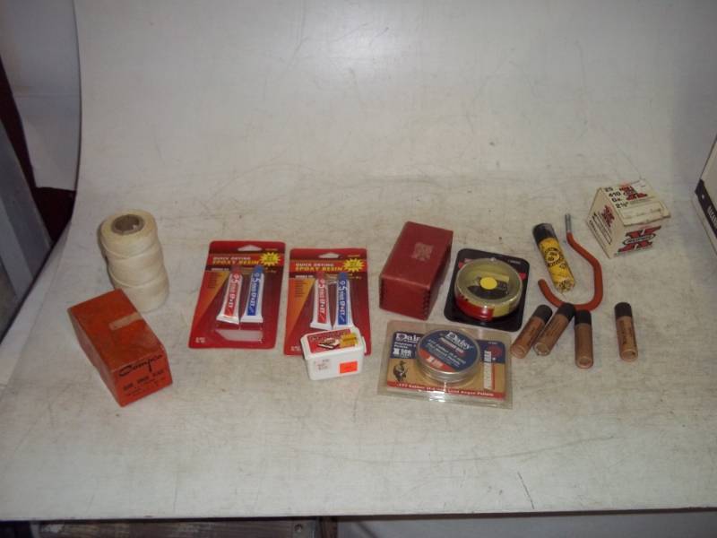 lot 52 image: 12 Full Box of .410 Caliber 6 Shot Shells, Vintage Daisy Pellets and Air Rifle Shot, .22 Caliber Air Pellets, Epoxy