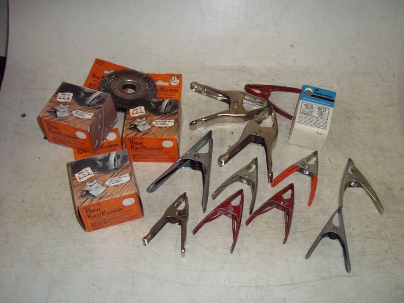 lot 56 image: 11 Assorted Spring Clamps, 3 Pony Kerf Keepers, Wire Wheel Brush