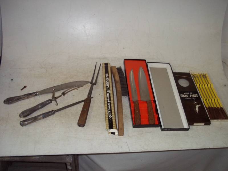 lot 58 image: Scheffield Knife, Knife Sharpener, and Fork, Barbecue Fork, Gourmet Cutlery, Fondue Forks, Grill Brush