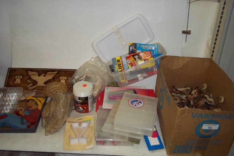 lot 74 image: Large Assortment of Crafting Supplies, Body Filler, Super Glue, Parts Bins, Heavy Duty Adhesive, Pictures, Carving, Paint Brushes, Jewelry Cleaner