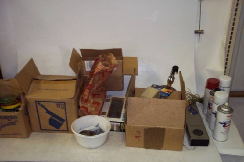 lot 75 image: Dead Bolt Door Alarm, Security OnOff Controller, Box of Electrical Motors, Telephone Wire and Supplies, Nails, Microphone Stand, Alarm Bell, Spray Paint, Tying Wire