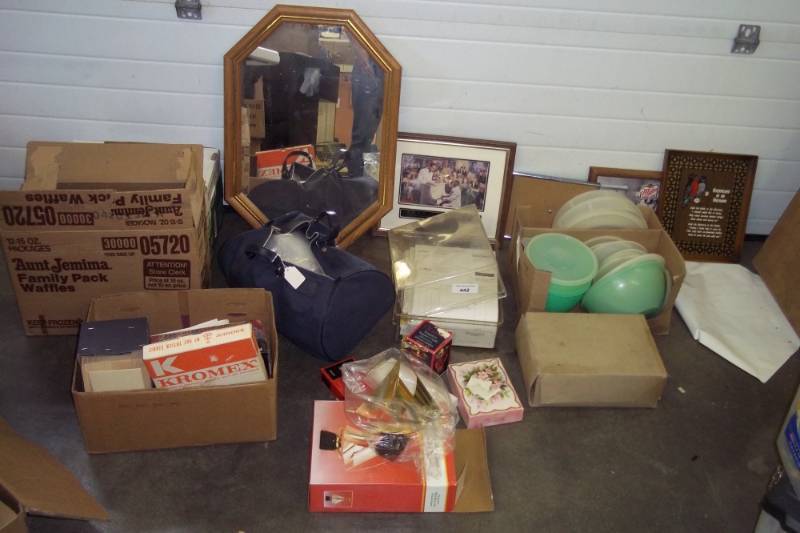 lot 76 image: Model Boat, Assorted Vintage Paintings, Pictures and Dcor, Mirror, Vintage Tupperware, Hot Glue Sticks, Car Survival Pack