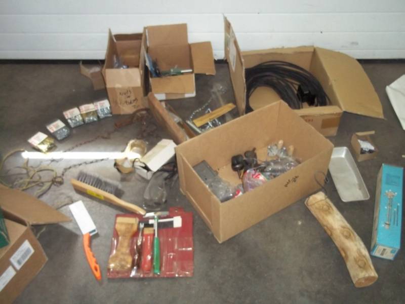 lot 79 image: Screen Door Shocks, Door Springs, Gopher Traps, Assorted Hardware, Small Wheel Brushes, Electrical Wire, Brushes, Goggles, Parts Tray