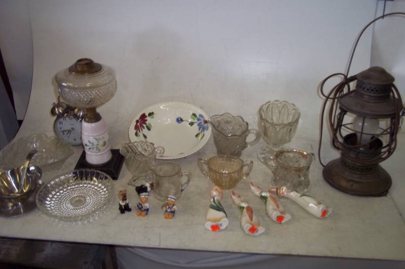 lot 86 image: Lantern Light, Candle Holder, misc vintage dishes, etc