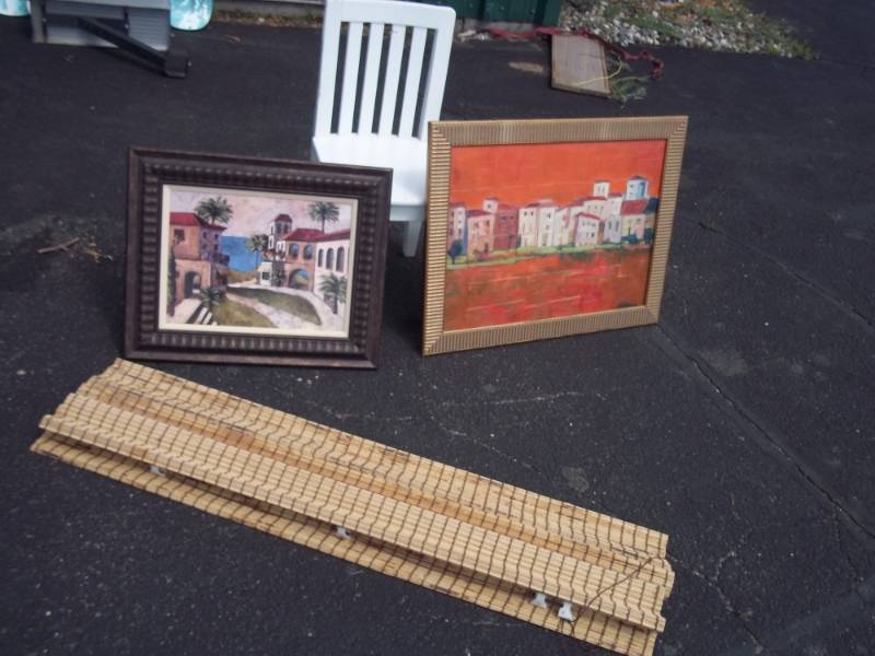 lot 96 image: White chair, 2 pictures, bamboo shade