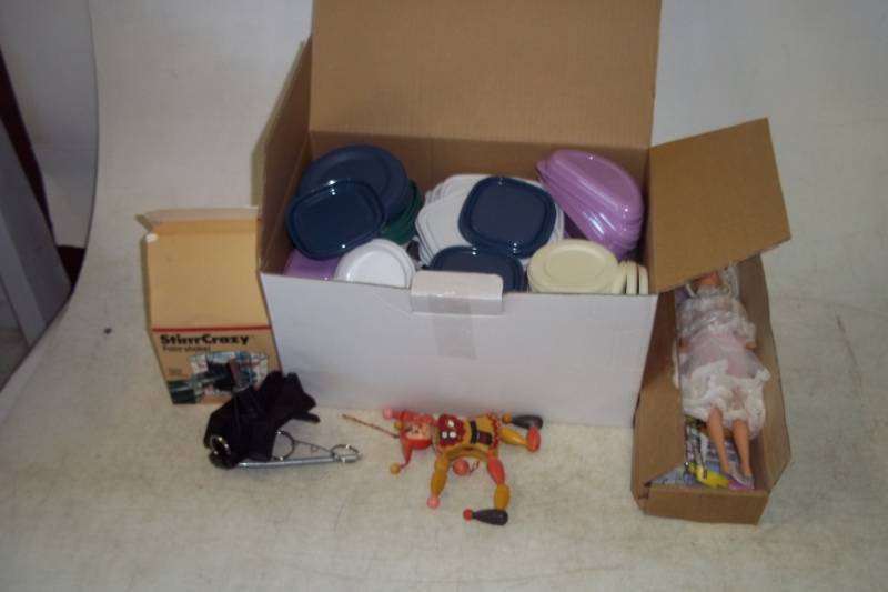 lot 100 image: Box of containers, stir crazy, barbarie clothes