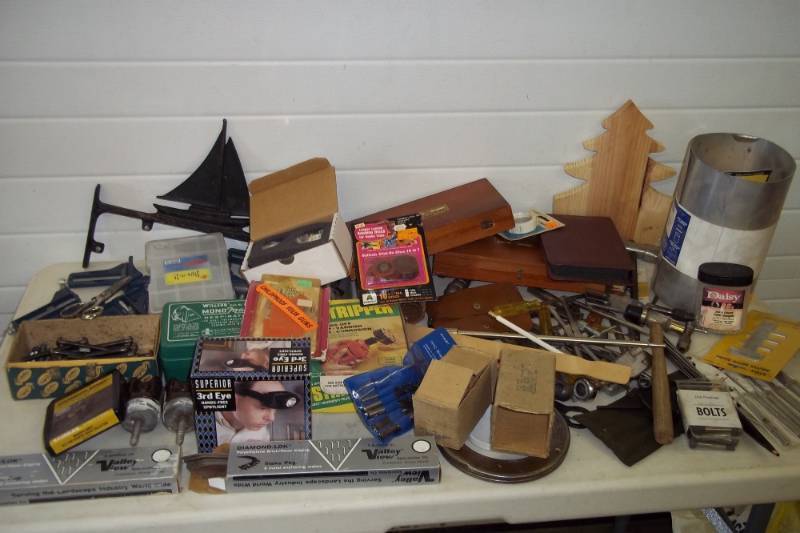 lot 112 image: Screwdrivers, Assorted Tools, Assorted Bolts, Hammer, Hatchet, Corner Vices, Punches, Allen Wrenches, Scissors, Drill Bits, Respirator