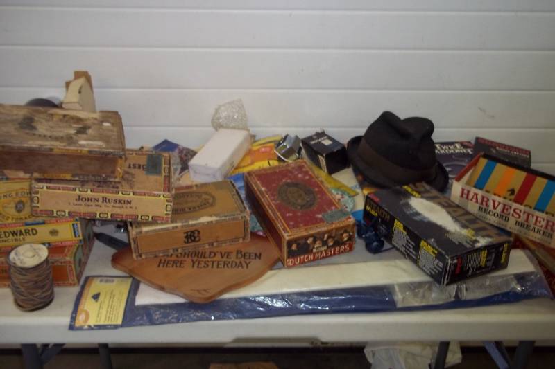 lot 113 image: Collection of Vintage Cigar Boxes, GFI Plug, Dimmer Switch, Light Switch, Fedora, Assorted Miscellaneous Items