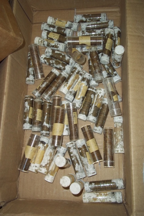 lot 195 image: Box of Assorted Pennies. Something was spilled on containers, coin conditions unknown