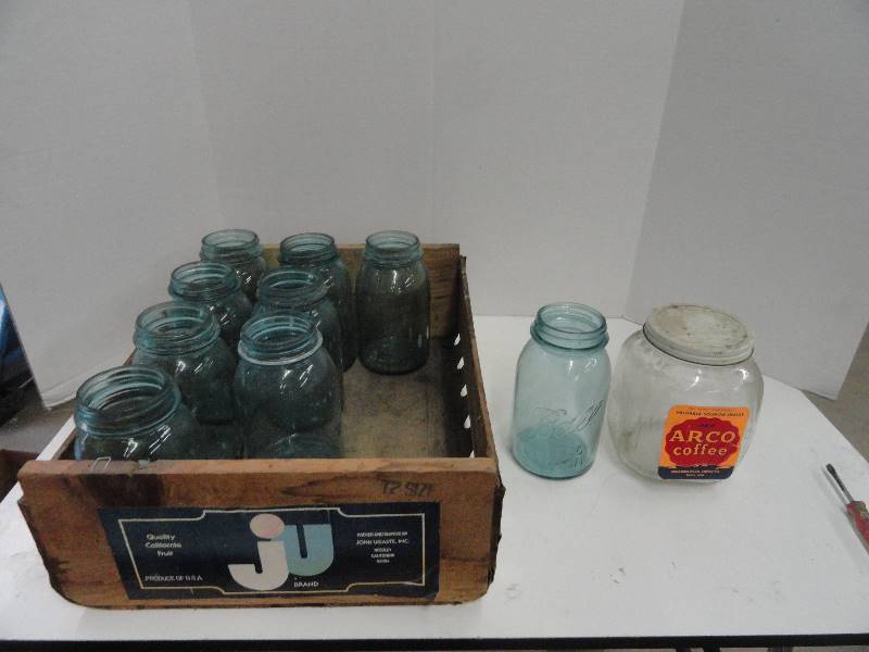 lot 16 image: Vintage Crate & Glass Green Ball Jars & 1 Glass Coffee Jar